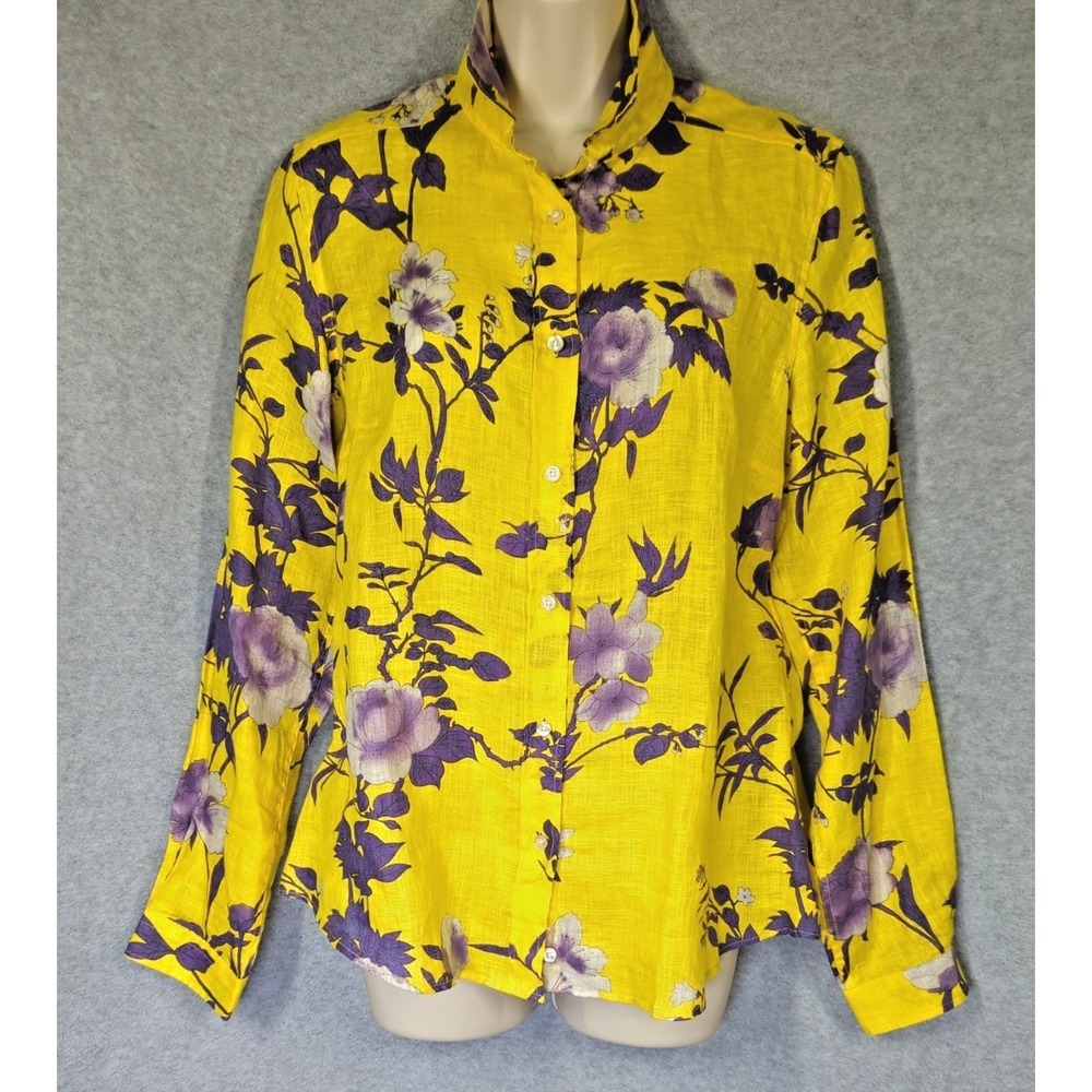 ETRO  Blouse Women 46 (US10) Linen Yellow Purple Floral Print Made in Italy Chic